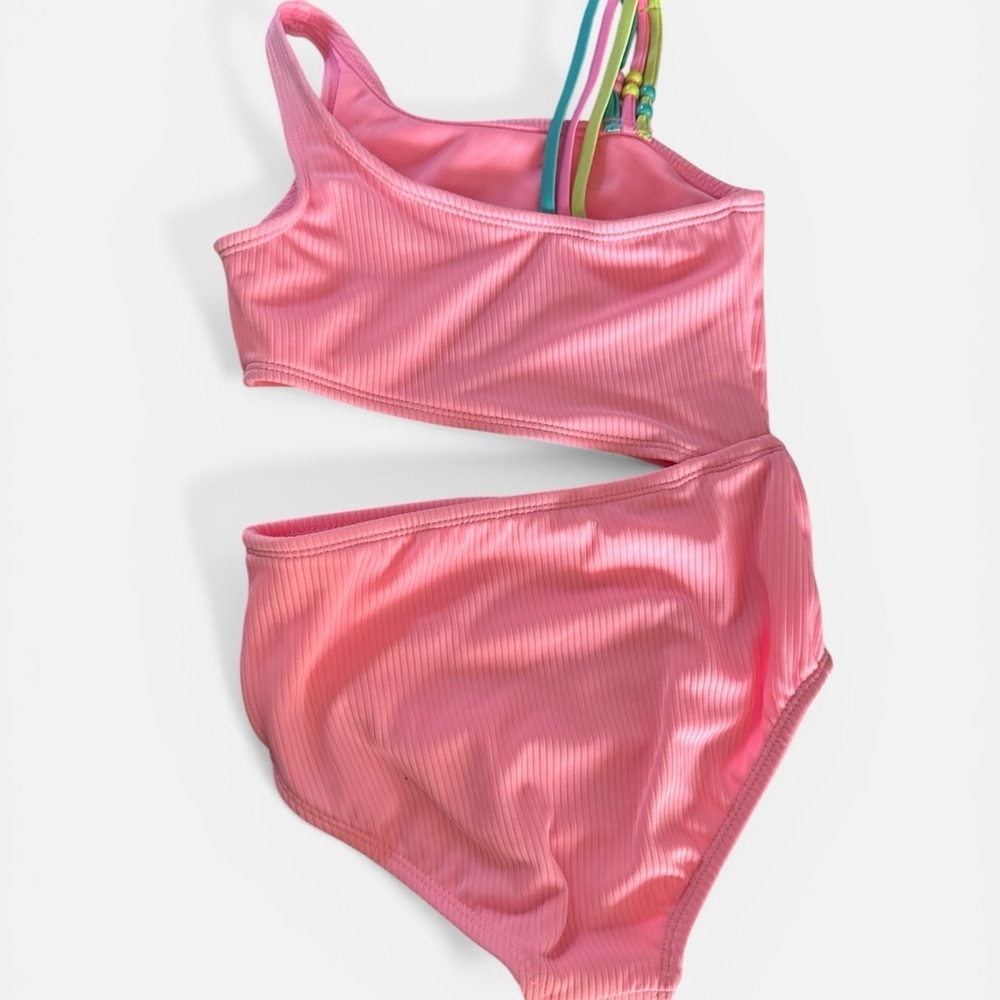 Art Class One-Shoulder Cutout Pink Ribbed Swimsuit. Size 6/7 - Picture 2 of 2